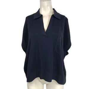 BANANA REPUBLIC - WOMEN'S XS/S -NAVY COLLARED V NECK COTTON-LINEN BLEND TOP